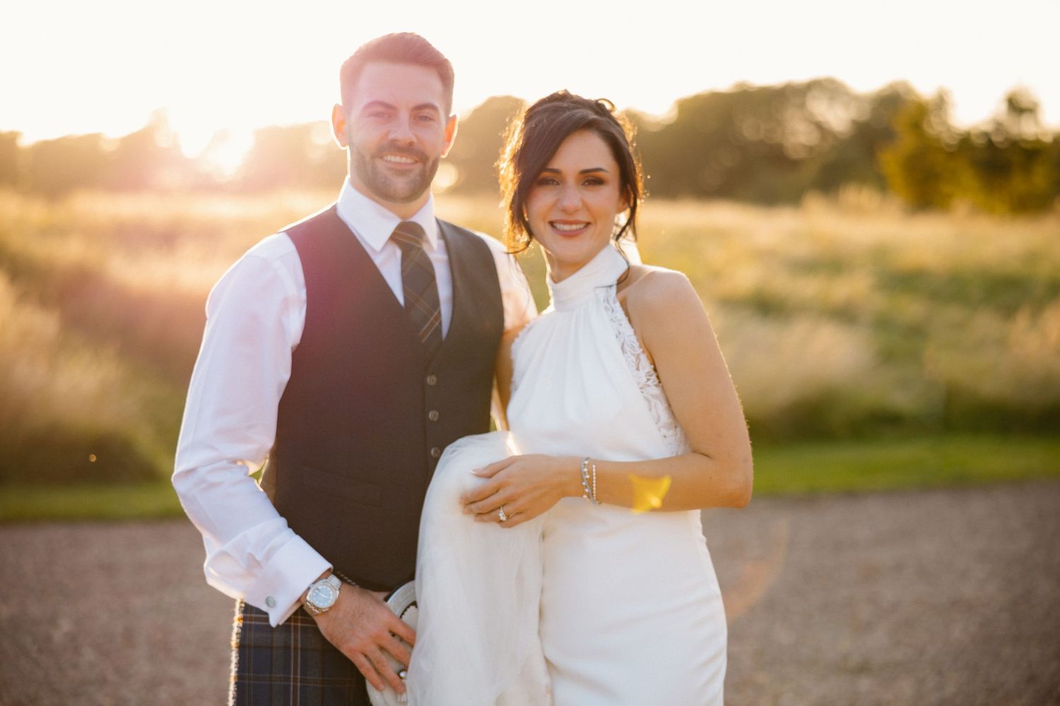 Golden Hour bride and groom at Rosebery Steading, Temple, Gorebridge, Scotland.