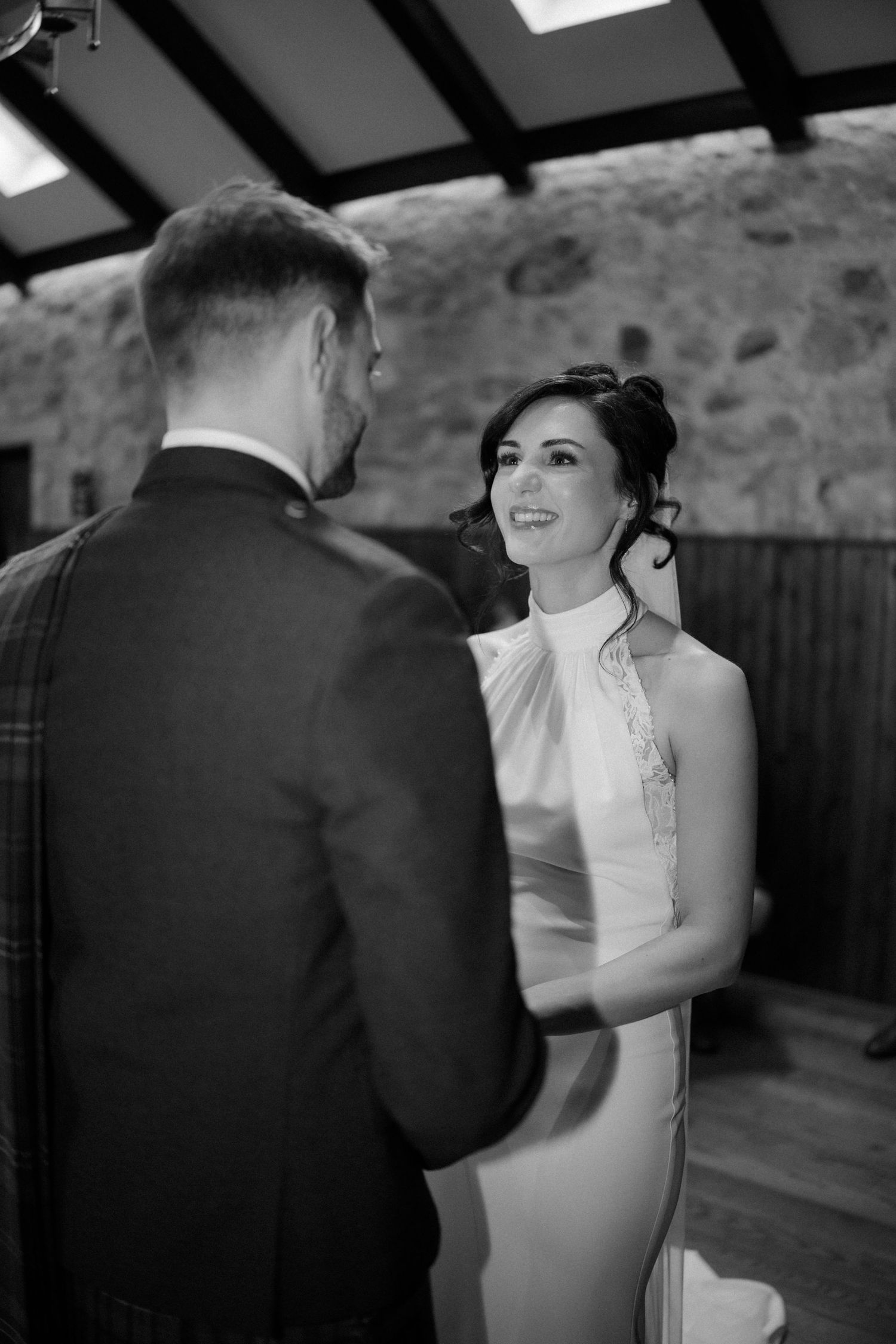 Wedding ceremony, black and white, at Rosebery Steading, Temple, Gorebridge, Scotland.