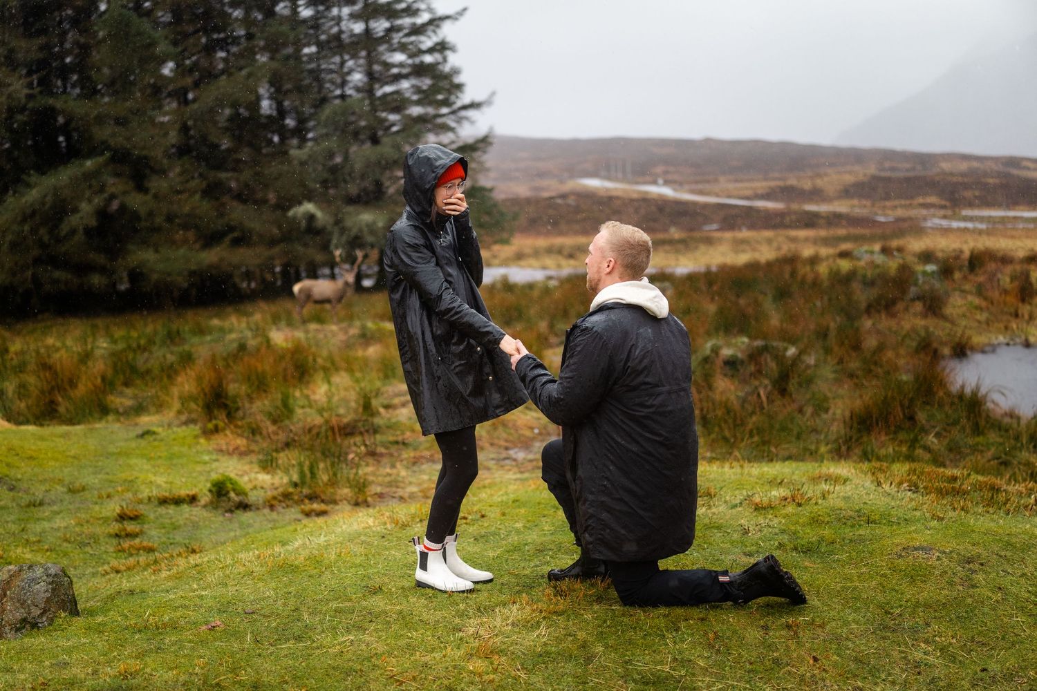 A proposal moment captured on a scenic hilltop overlooking a misty lake and mountains.