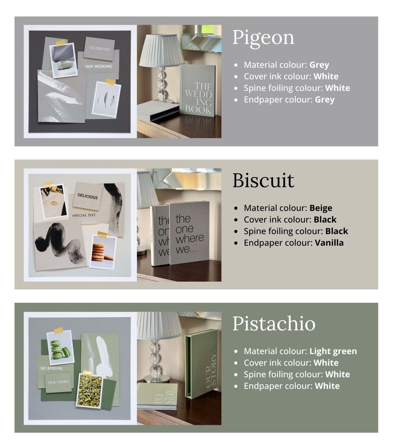 Collection of modern stationery mockups showing elegant color variations in pigeon grey, biscuit beige, and pistachio green.