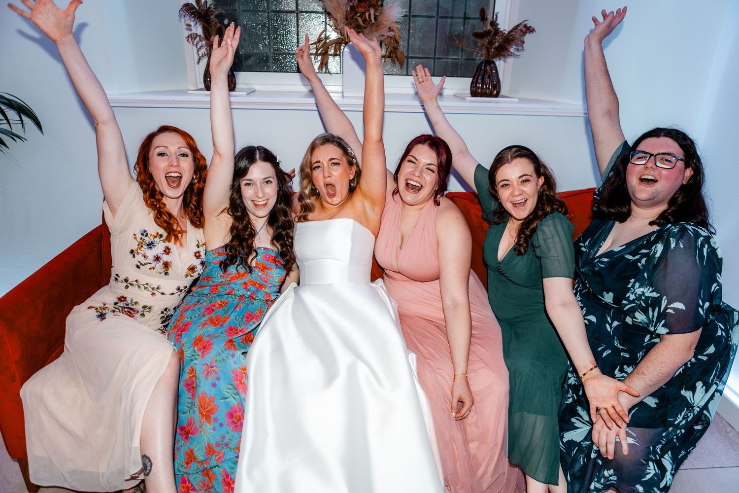 Wedding Party, bride with girls, Virgin hotel in Edinburgh City Scotland