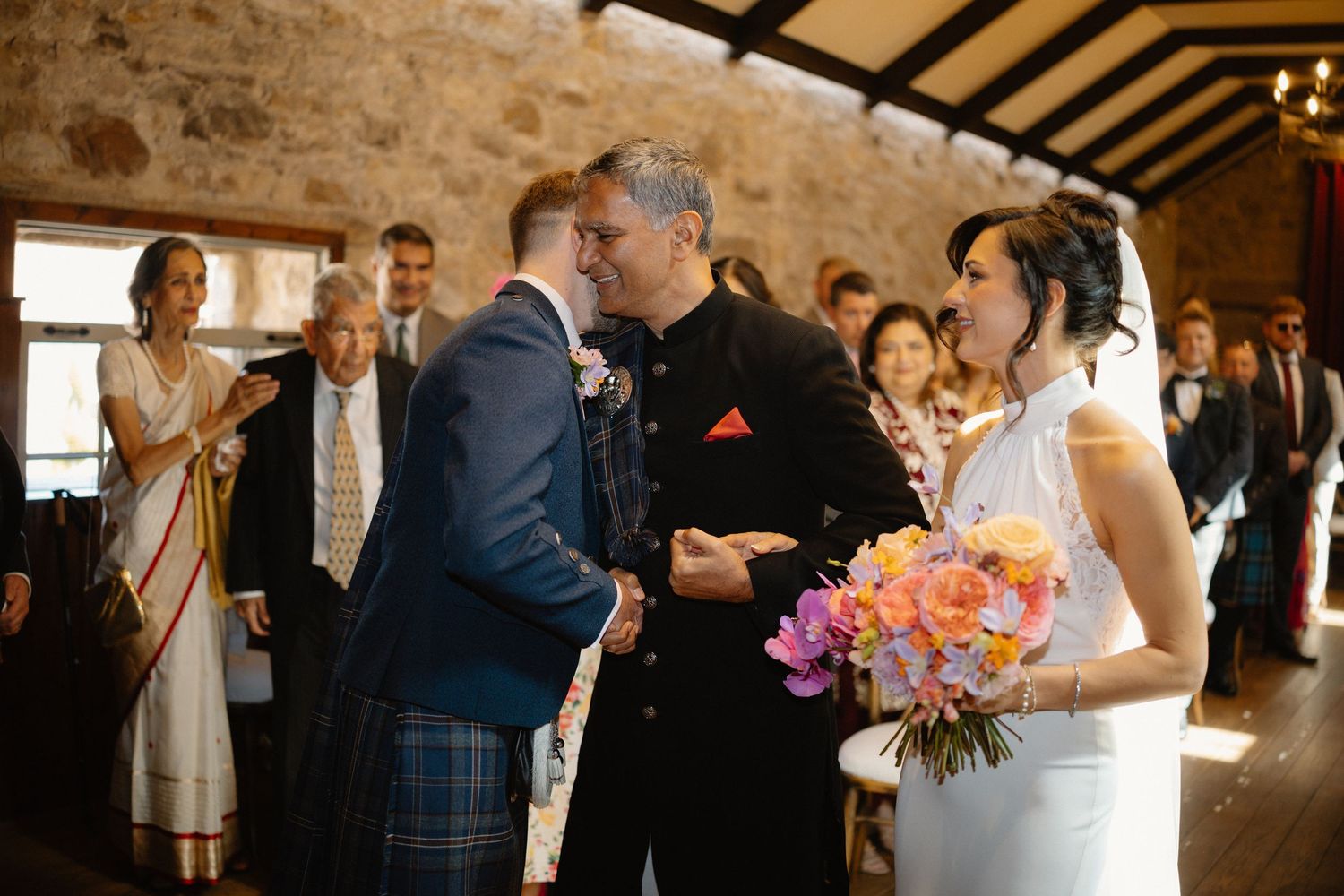 Wedding ceremony, father and bride, at Rosebery Steading, Temple, Gorebridge, Scotland.