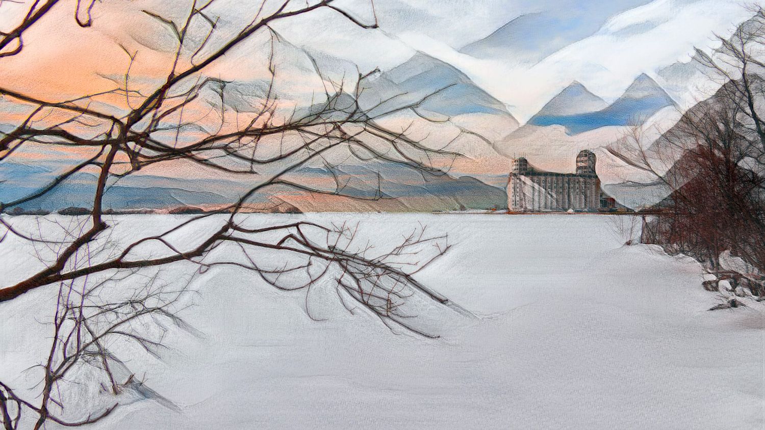 Watercolor winter landscape painting featuring snow-covered fields, bare trees, and a barn with mountain backdrop at sunset.