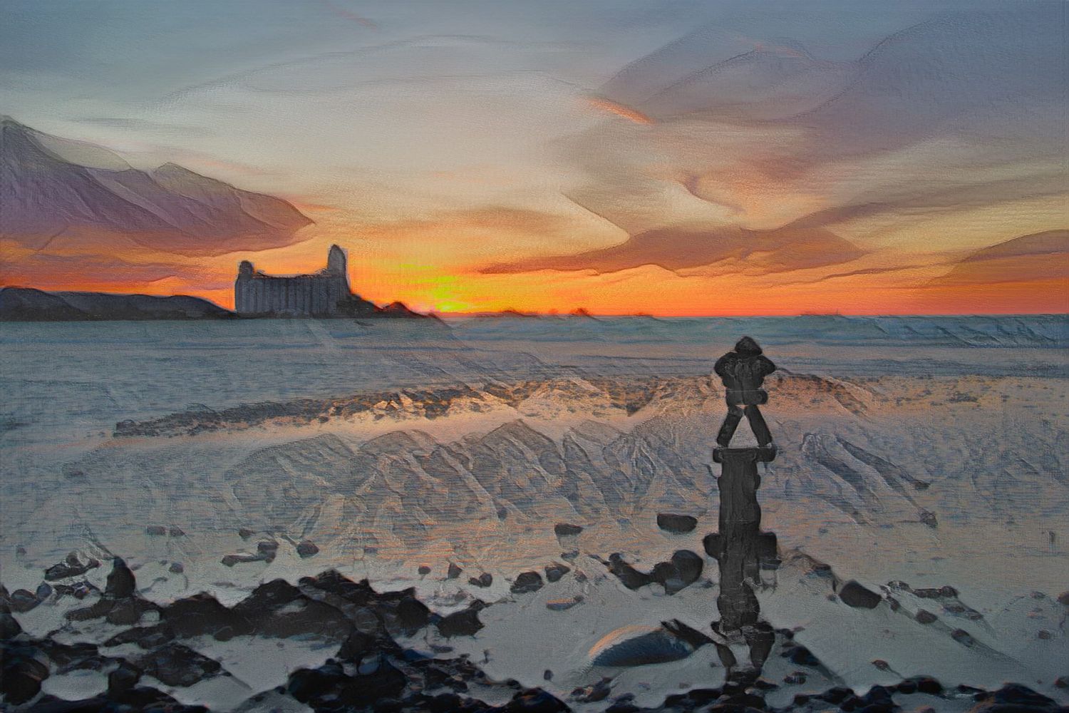 Stunning arctic sunset landscape with rock cairn silhouette, frozen shoreline, and dramatic orange sky over distant cliffs.