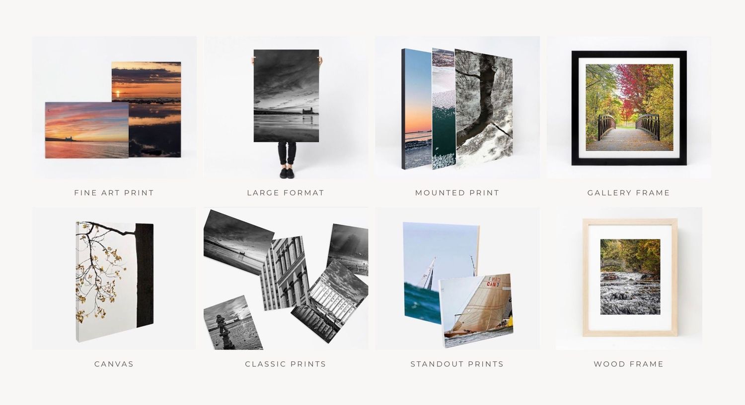 Collection of fine art print formats including canvas, gallery frame, standout, and wood frame options displayed.