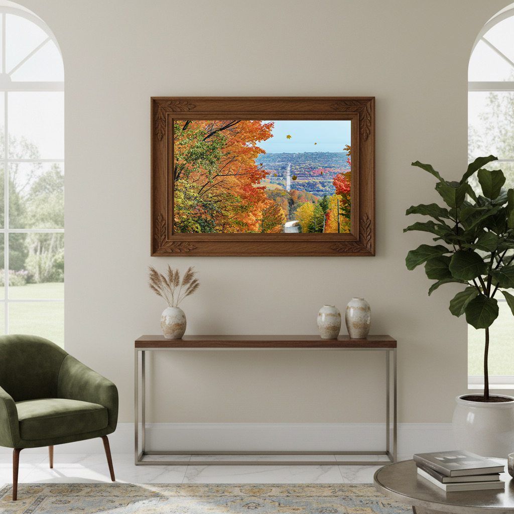 Autumn foliage cityscape in ornate brown frame displayed in elegant hallway with green chair.