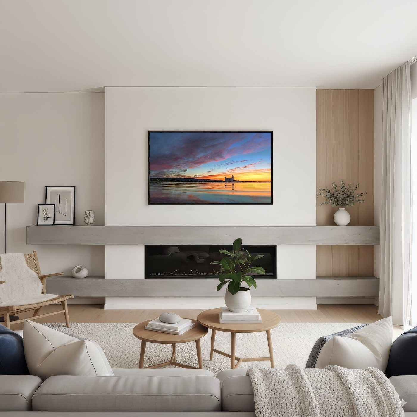 Vibrant sunset landscape artwork above fireplace in bright, contemporary living room with neutral tones.