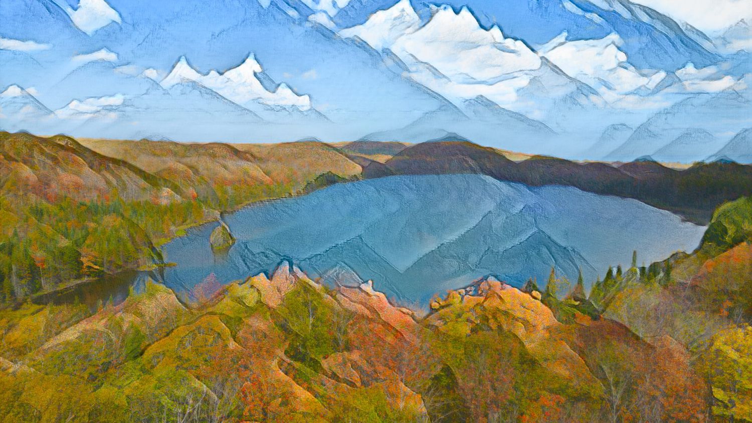 Colorful landscape painting of a serene alpine lake surrounded by forested hills and snow-capped mountains.