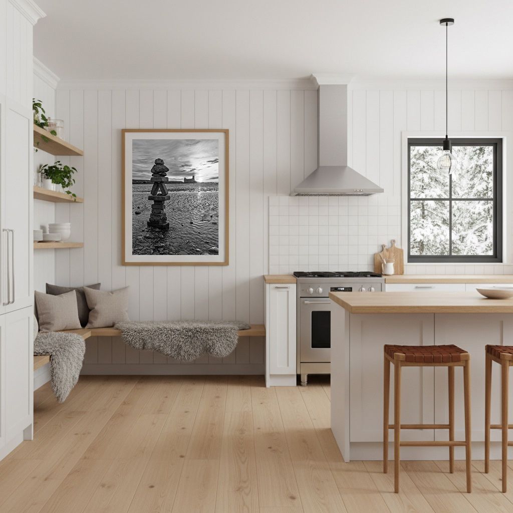 Modern farmhouse kitchen with white shiplap walls, wood countertops, bar stools, and black-and-white coastal art print.