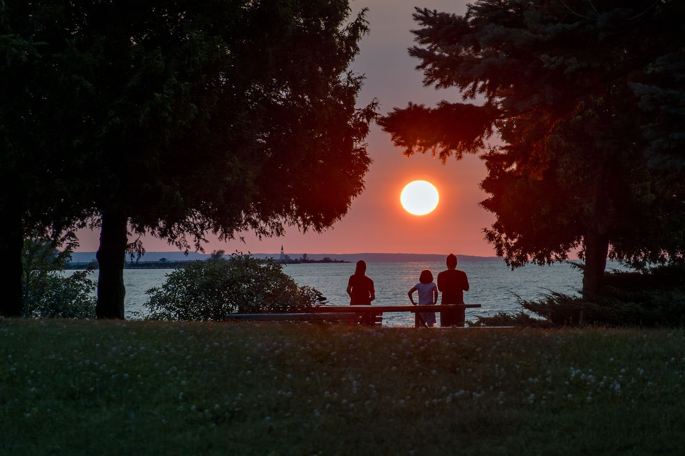 Silhouettes of people watching a vibrant red sunset over calm water, framed by dark trees in at Sunset Point in Collingwood Ontario.