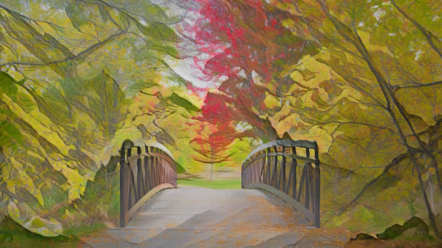 Painting of a wooden bridge path through lush green trees with a striking red tree in background.