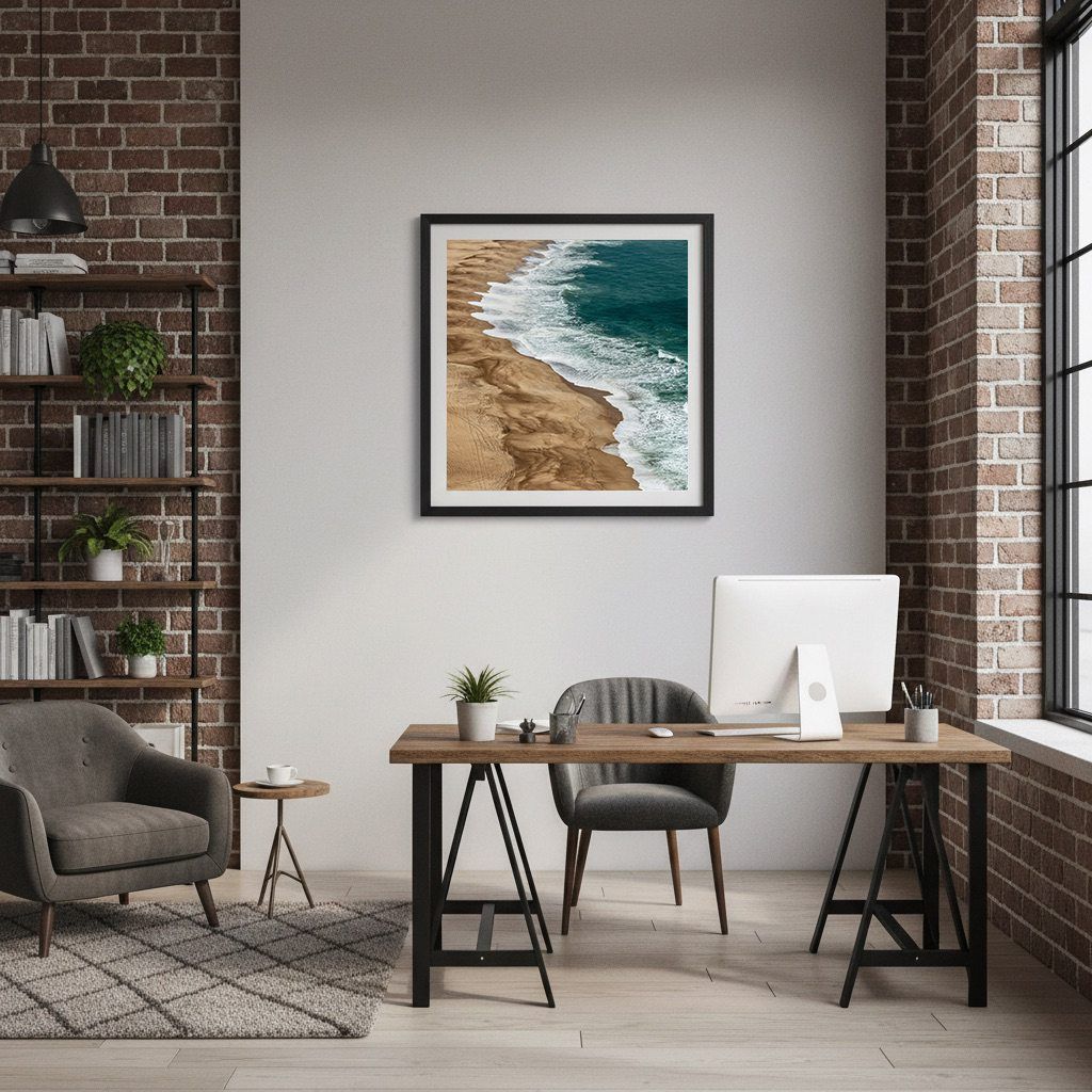 Framed aerial beach photo above a wooden desk in a modern home office with brick walls and gray chairs.