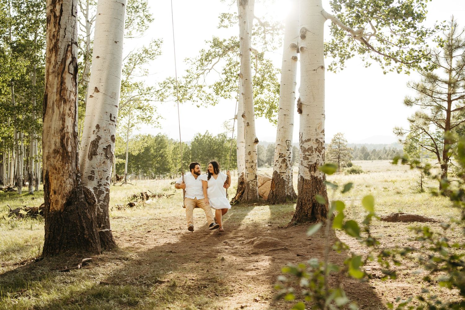 Couple enjoying peaceful moment among white birch trees with meadow view.