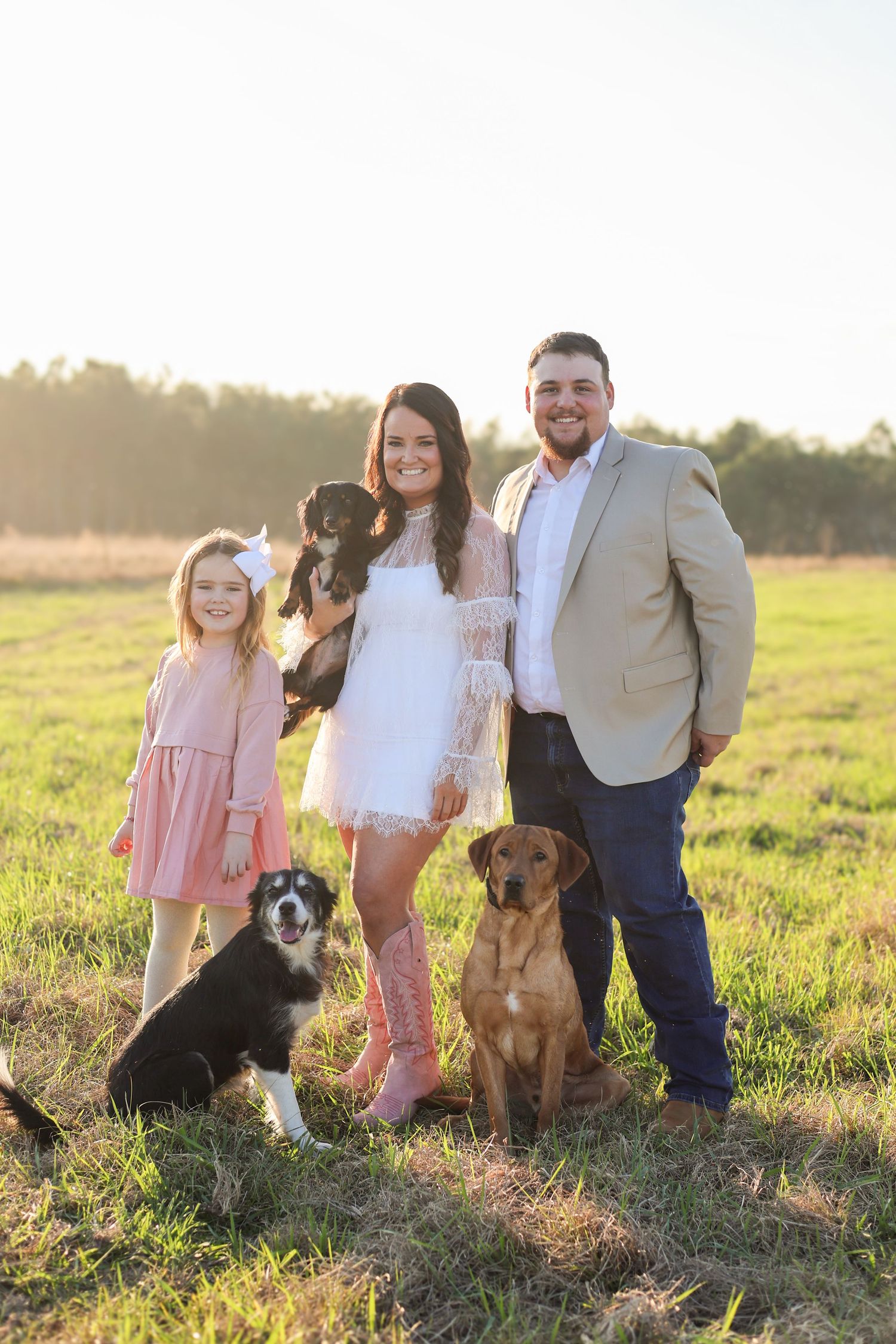Family portrait in a sunlit field at golden hour with their beloved dogs sitting beside them in matching casual attire.