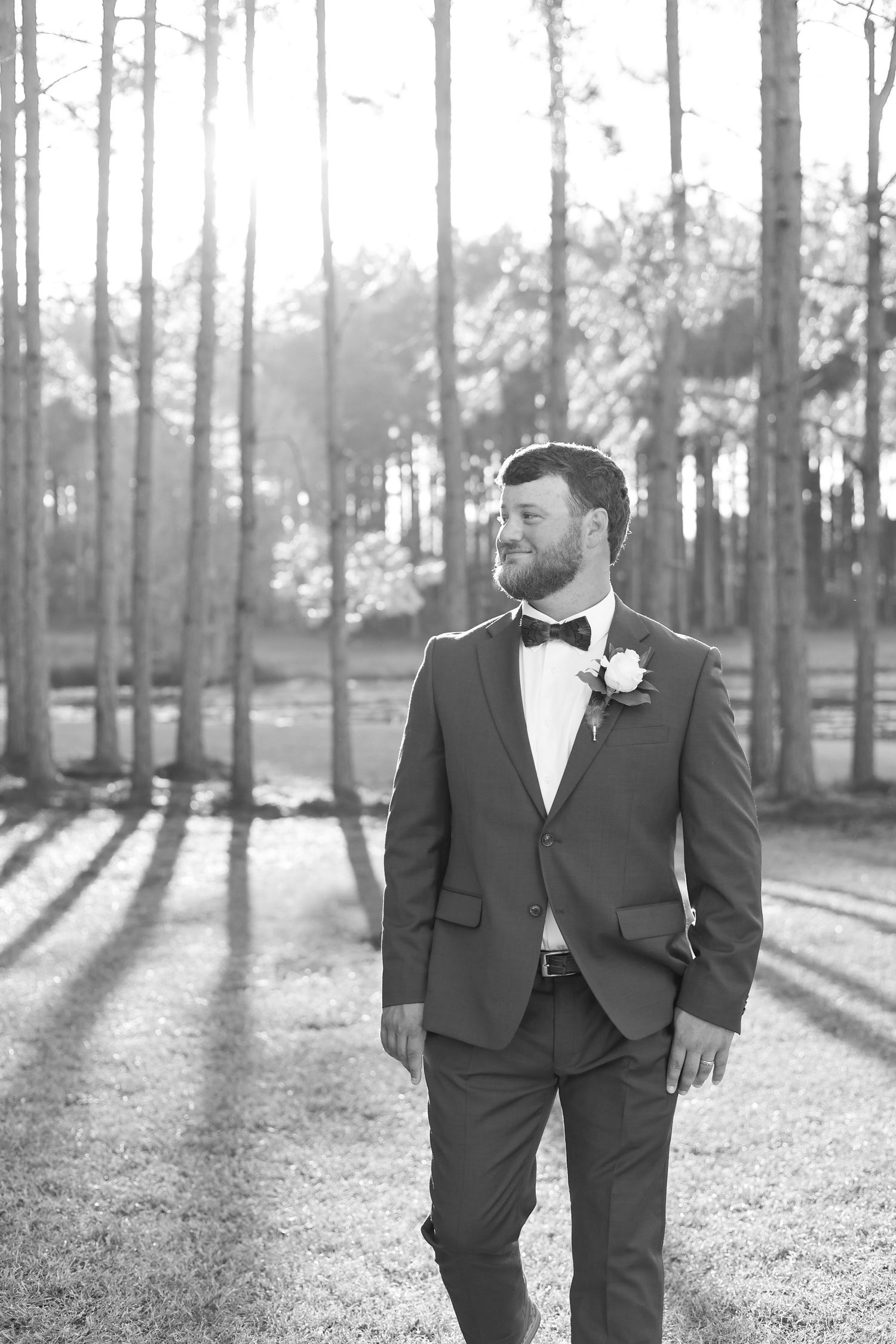 Groom in suit and bow tie with boutonniere walks among tall pine trees in elegant black and white wedding portrait.