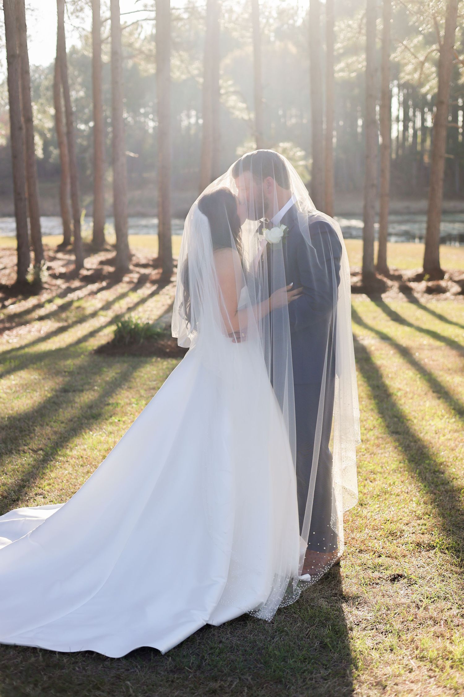 Bride and groom kissing under a flowing veil in a sunlit forest setting on their wedding day.