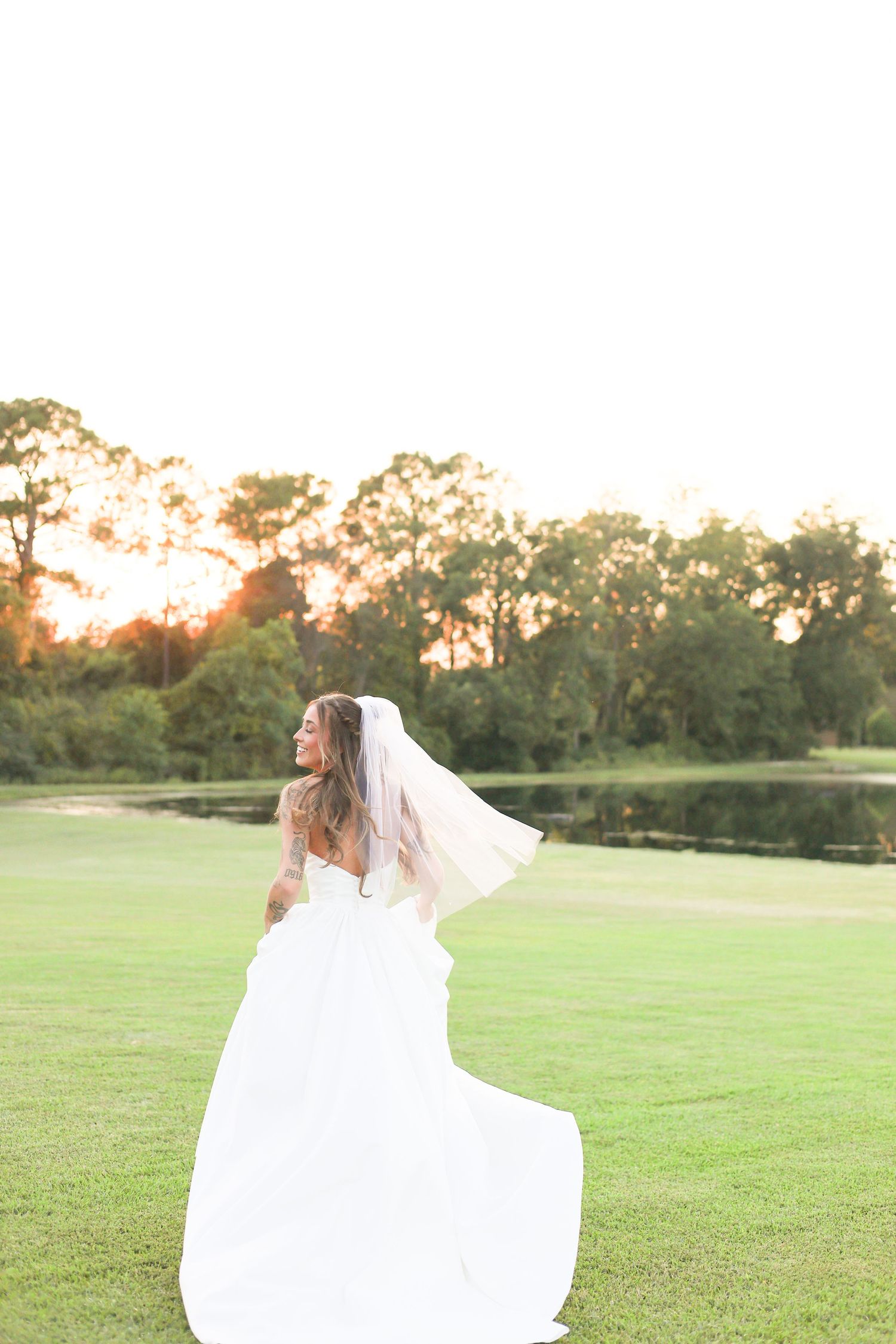 Dreamy bridal portraits captured in sequence showing flowing dress movement at sunset.