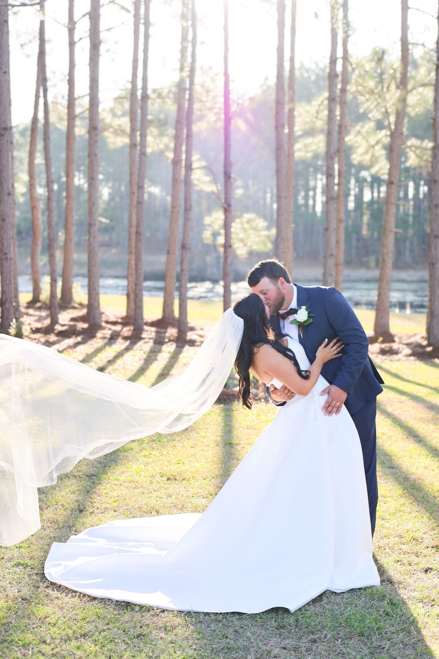 A romantic wedding photo series showing a couple in a sunlit pine forest with flowing white dress and navy suit.