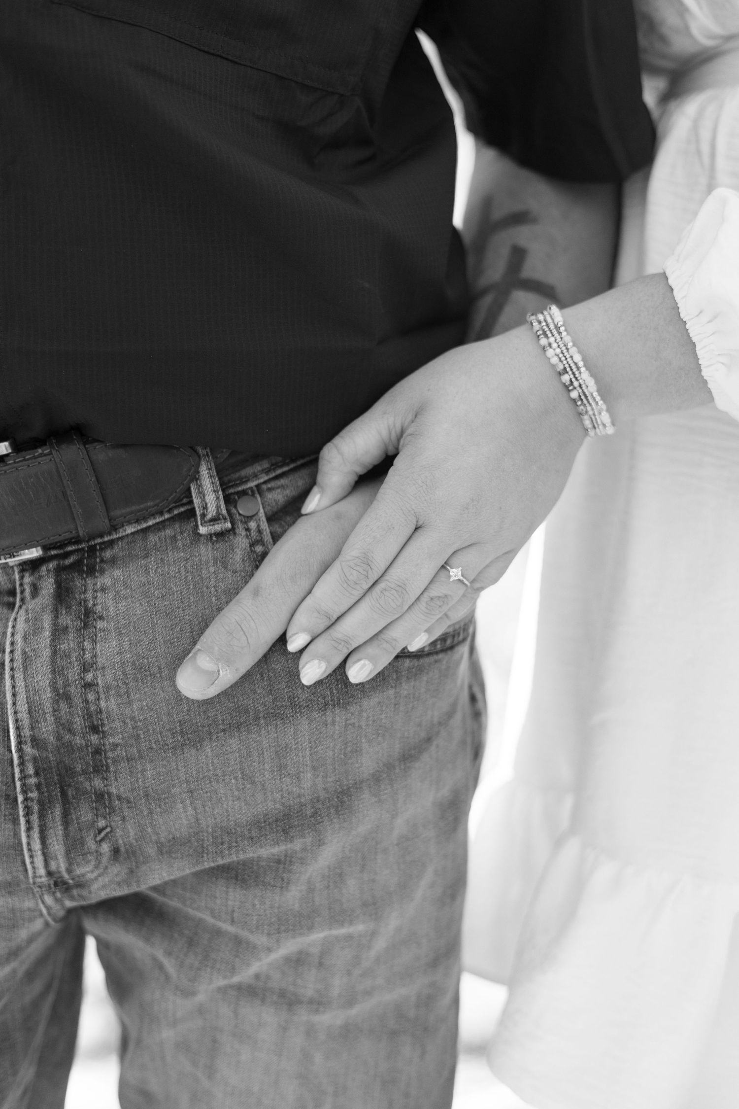 A series of black and white photos showing hands in denim pockets demonstrating proper pocket placement technique.