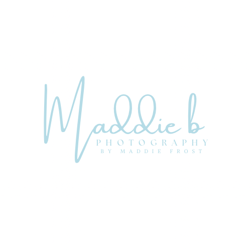Maddie B Photography by Maddie Frost logo in light blue script font on white background.