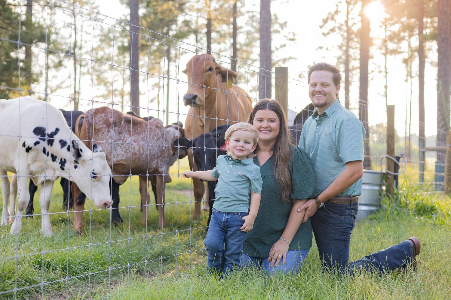 Family posing with spotted cow and horses on a sunny farm, parents kneeling in green grass with young child.