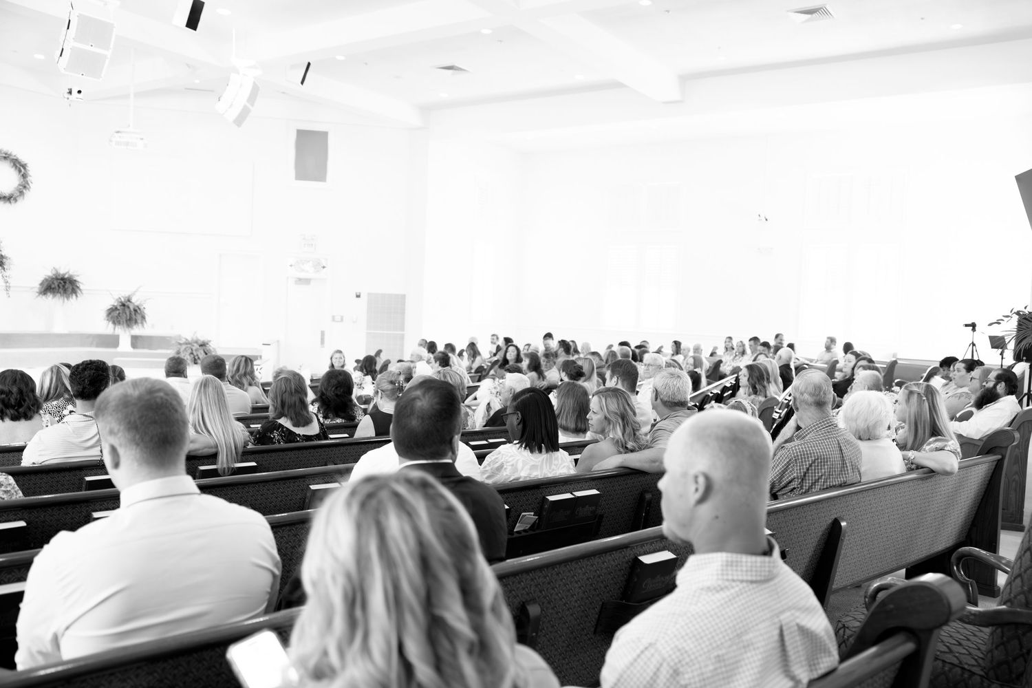 Wedding guests seated in church pews awaiting ceremony in bright white chapel.