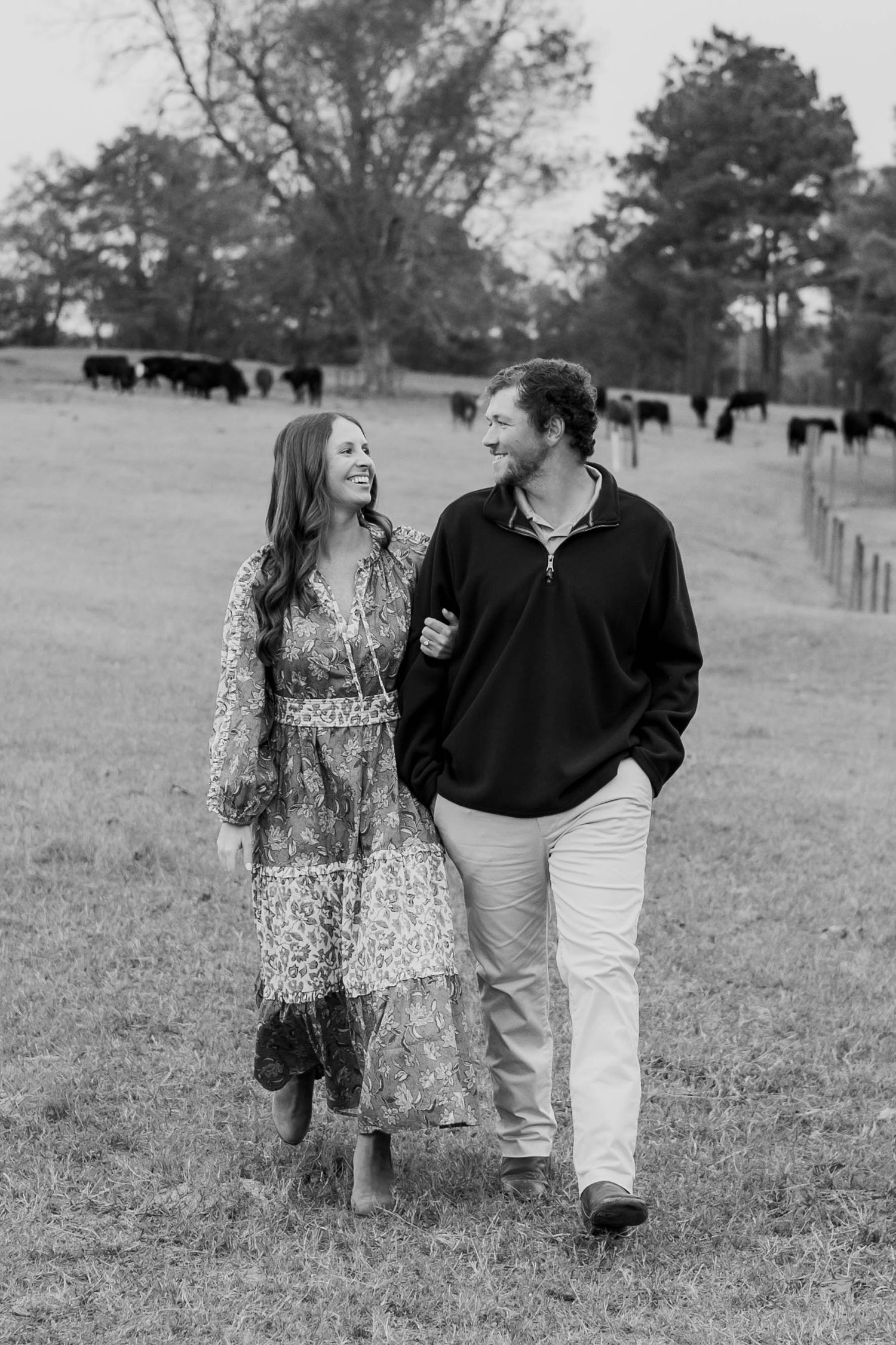 Couple walking together through a pastoral field with cattle grazing in the background.