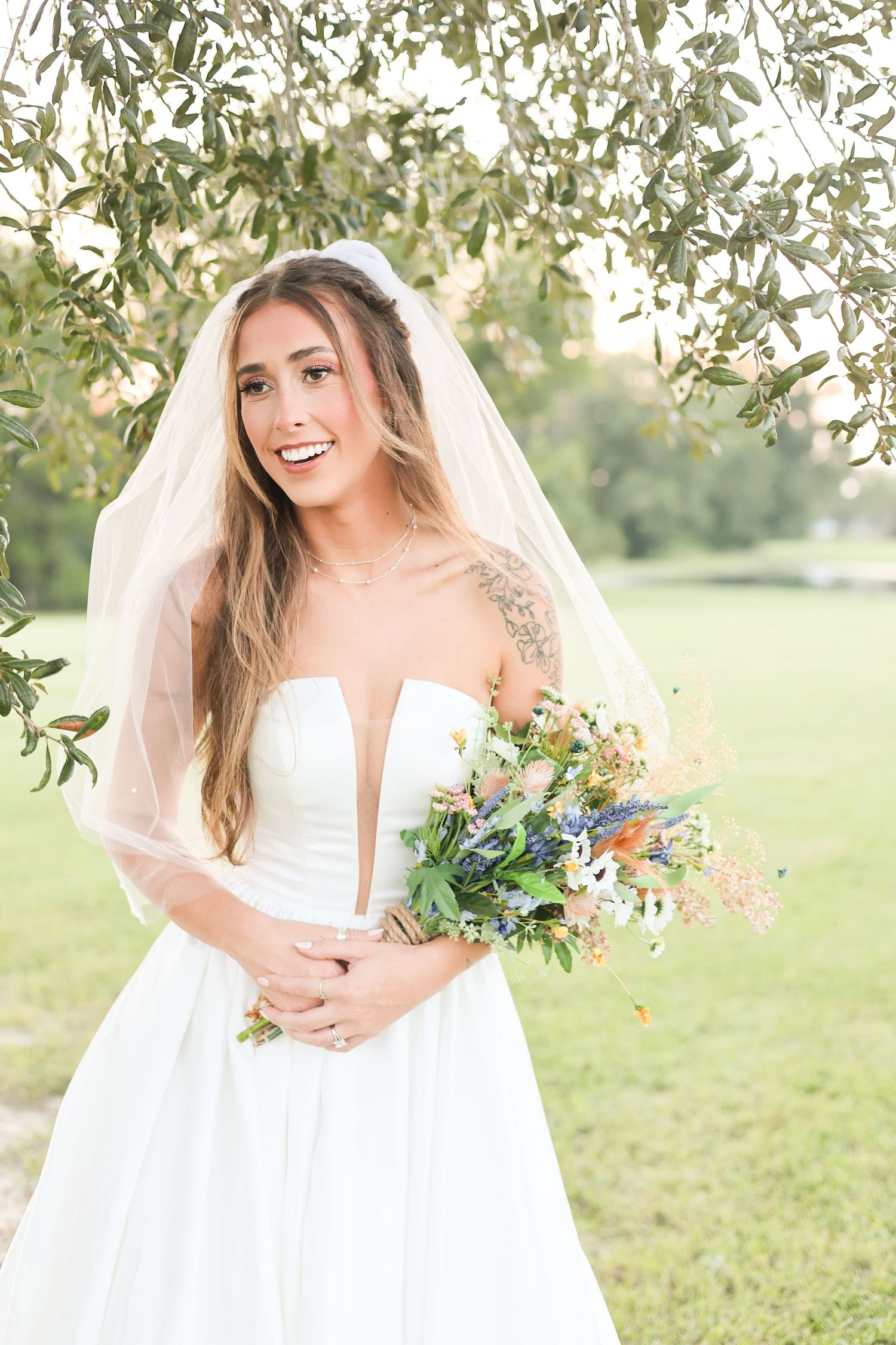 A series of ethereal bridal photos featuring a flowing white dress and delicate bouquet in natural lighting.