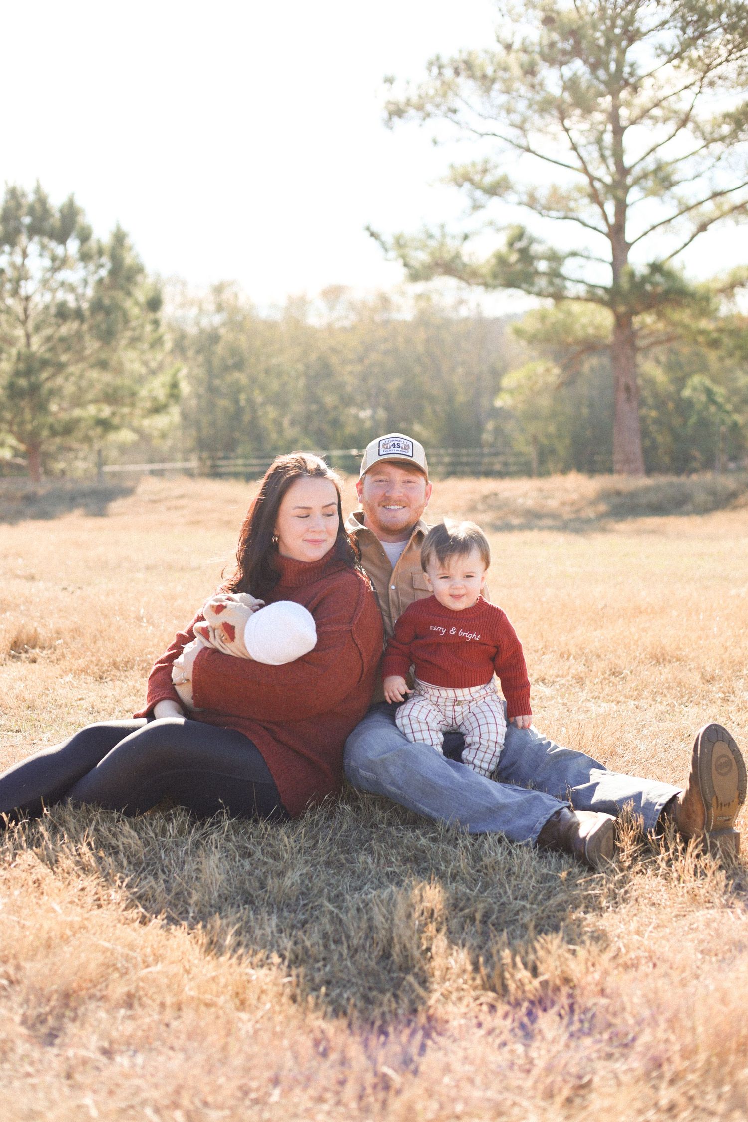 Family lying together in a golden field during sunset with tall pine trees in the background.