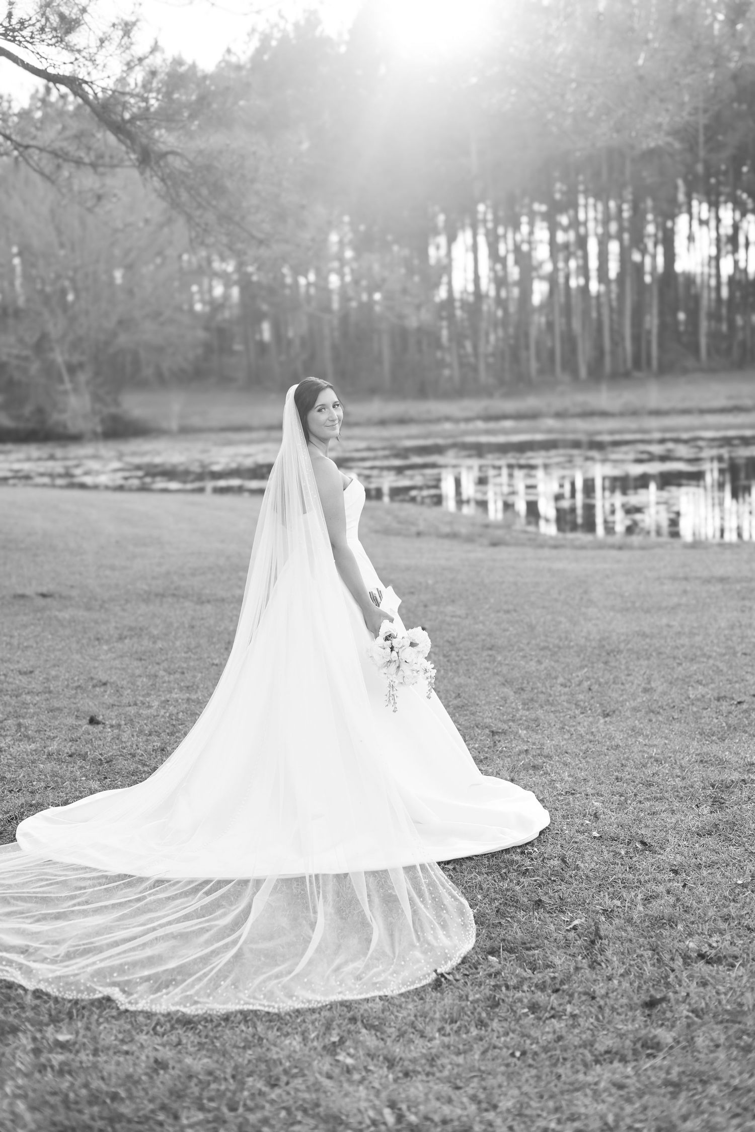 A flowing white wedding dress veil trails gracefully across a grassy lawn near a lake with pine trees in the background.