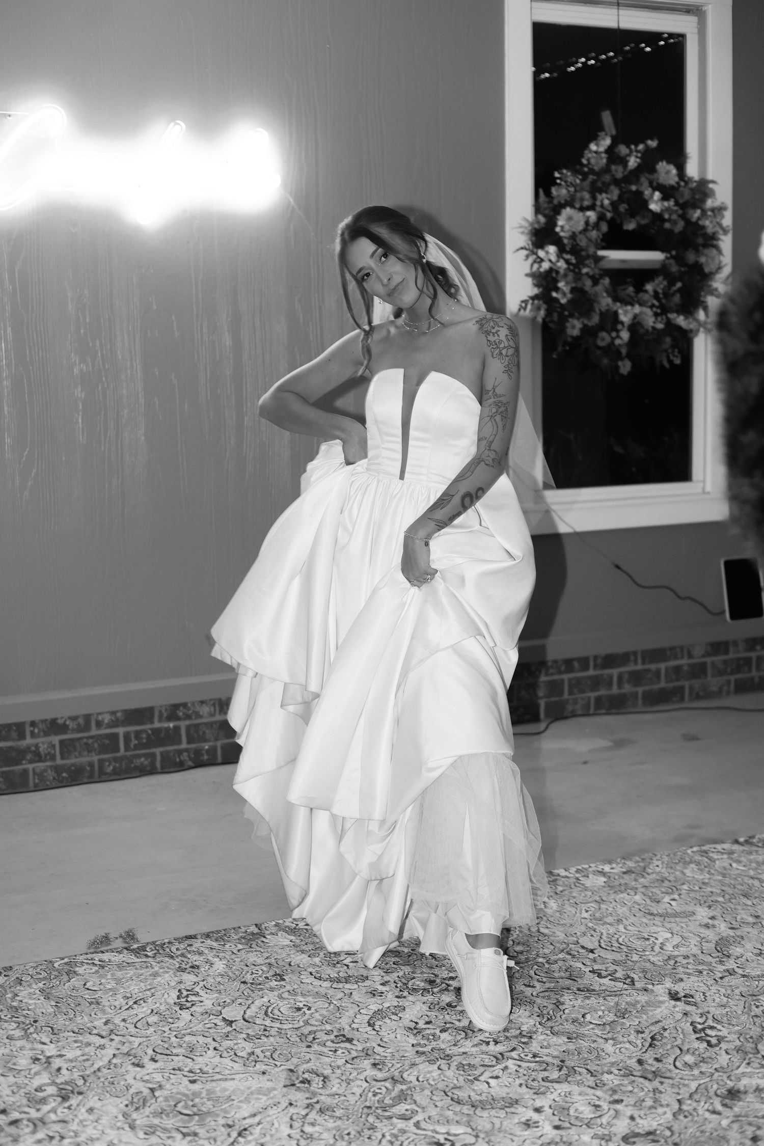 Series of photos showing a bride twirling in her white wedding dress on gravel.