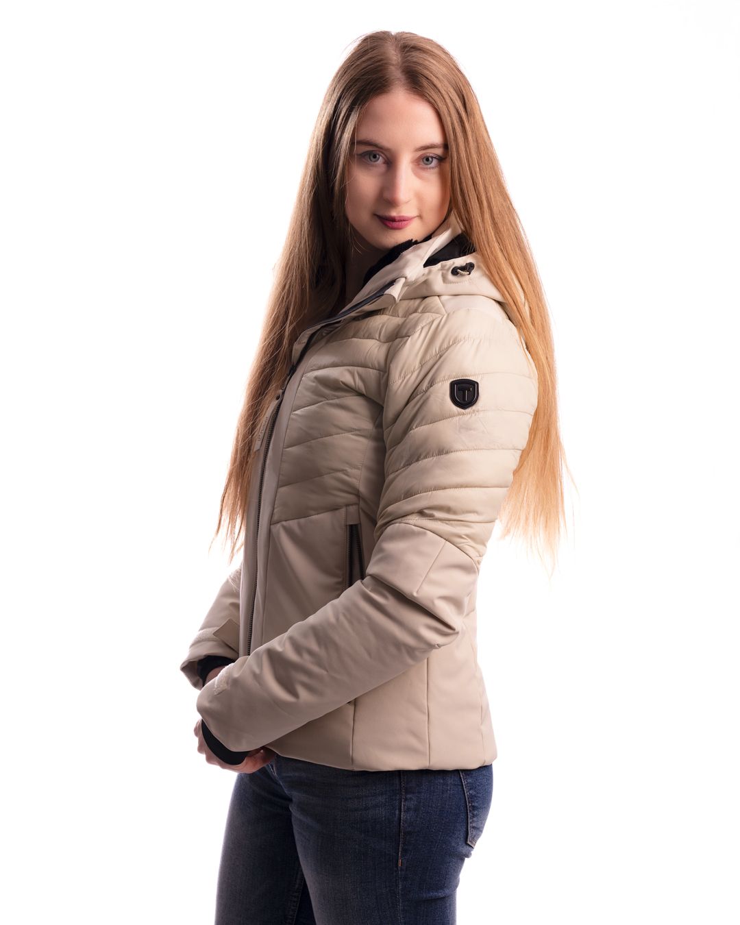 Light beige jacket styled with jeans in various poses against white backdrop.
