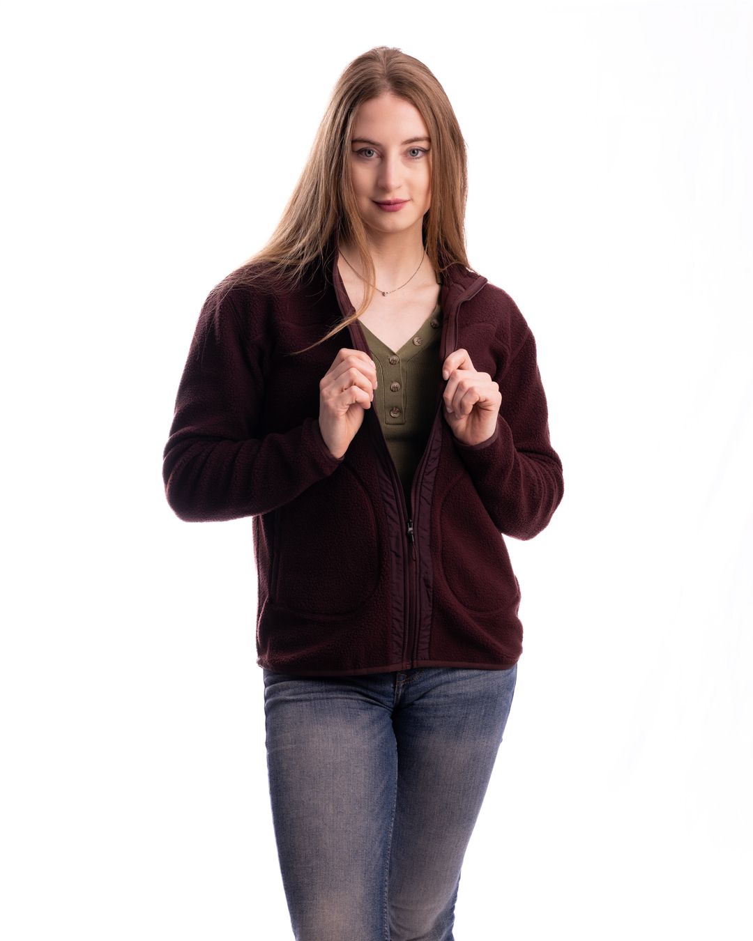 Burgundy zip-up sweater paired with jeans shown in multiple product angles.