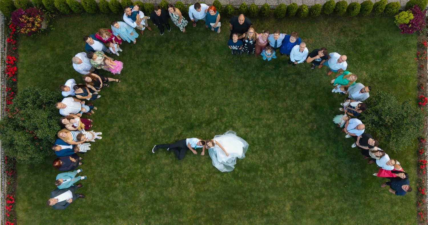 Aerial view of wedding guests gathered on green lawn during outdoor celebration.