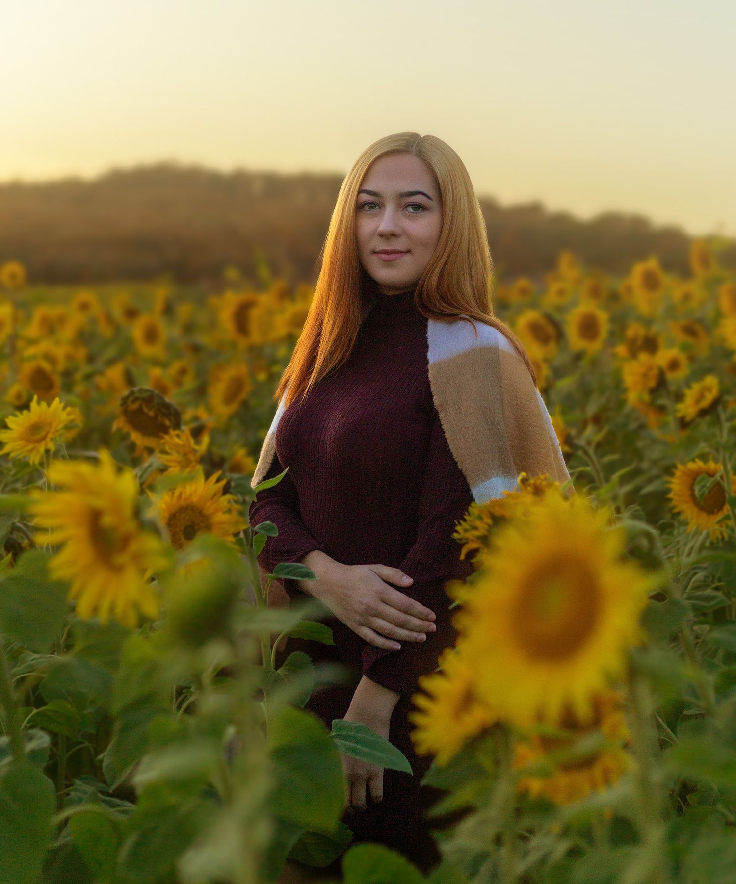 Woman in burgundy sweater poses elegantly among blooming sunflowers at golden hour.
