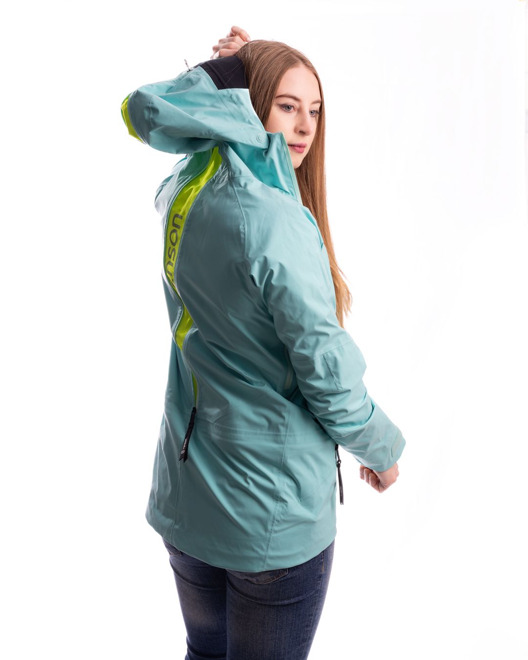 Aqua colored technical jacket shown from various back angles.