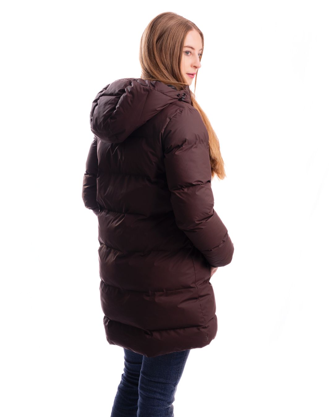 Dark brown puffy winter coat displayed in various poses against white background.