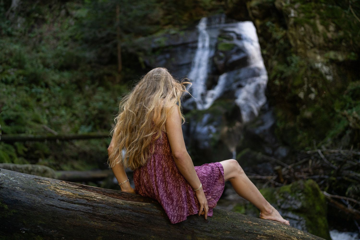 Peaceful waterfall setting in dense forest with sunlight filtering through trees.