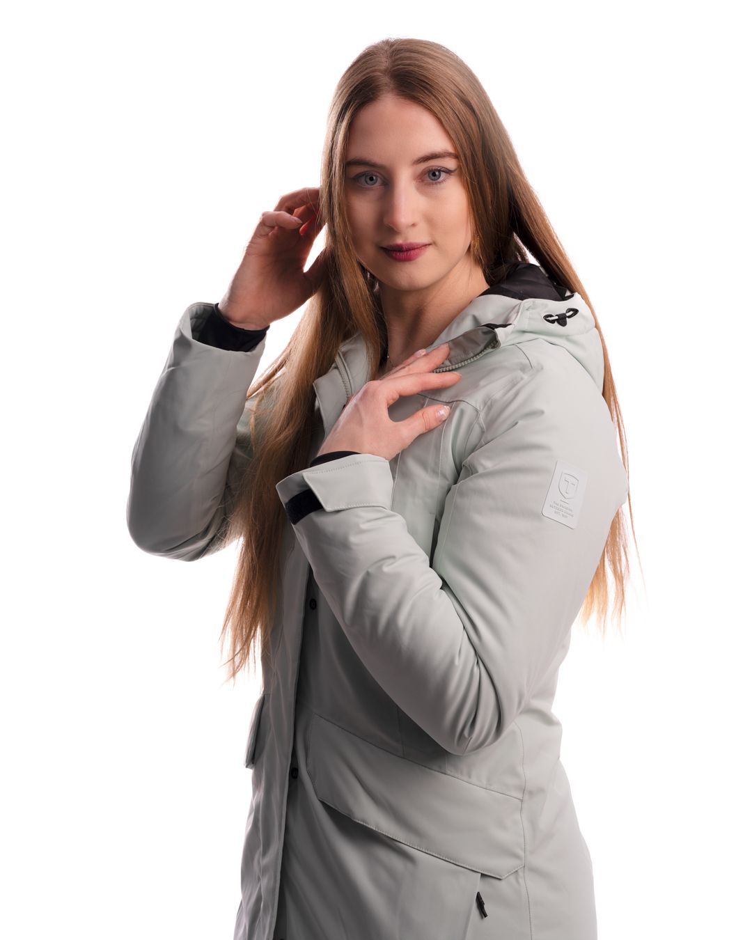 Light gray winter coat displayed in various poses against white backdrop.