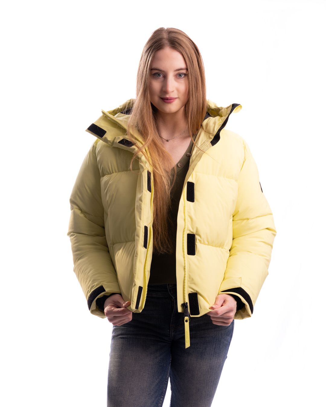 Bright yellow winter coat with black accents shown in multiple product views.