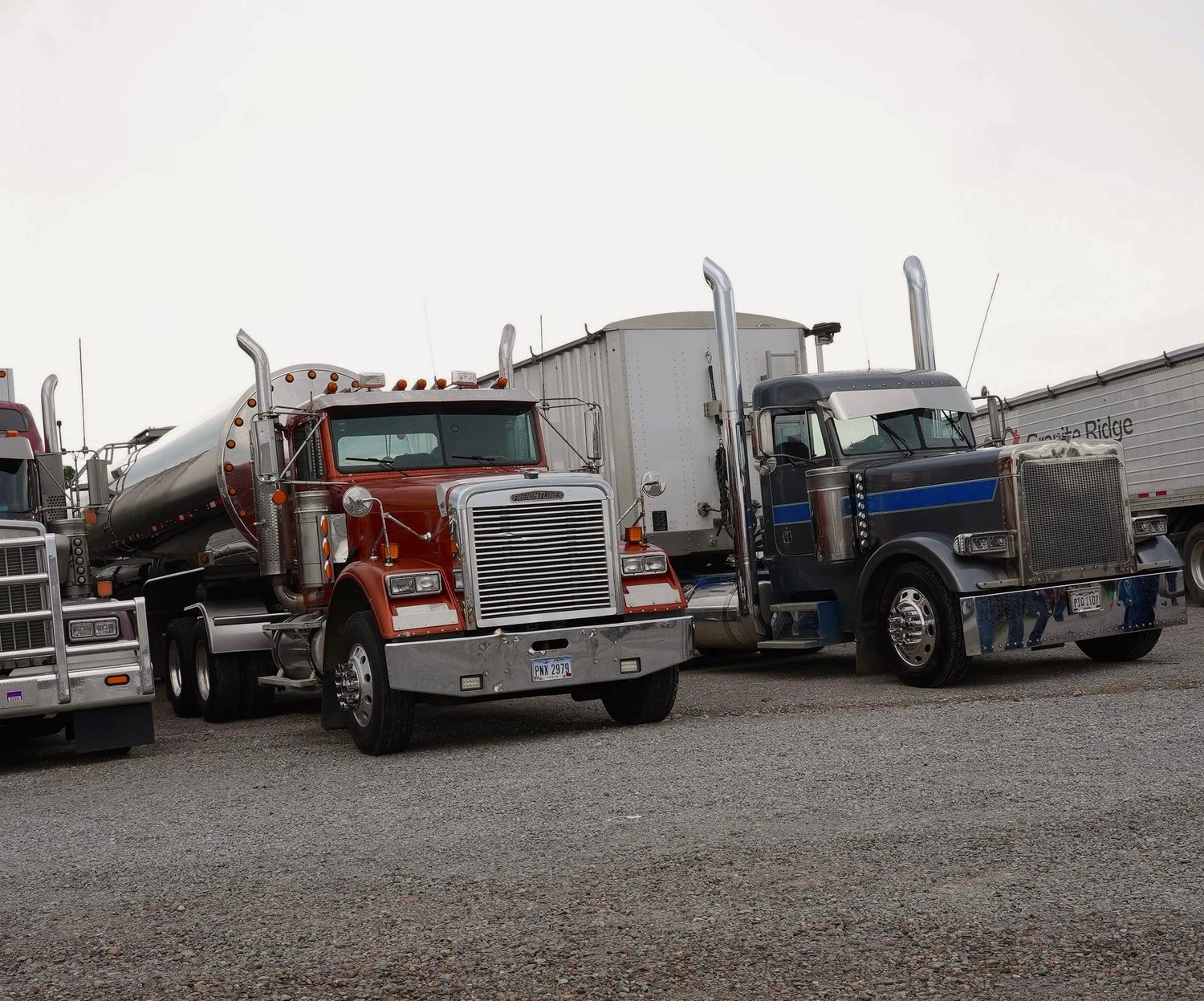 A Peterbilt and a Freightliner