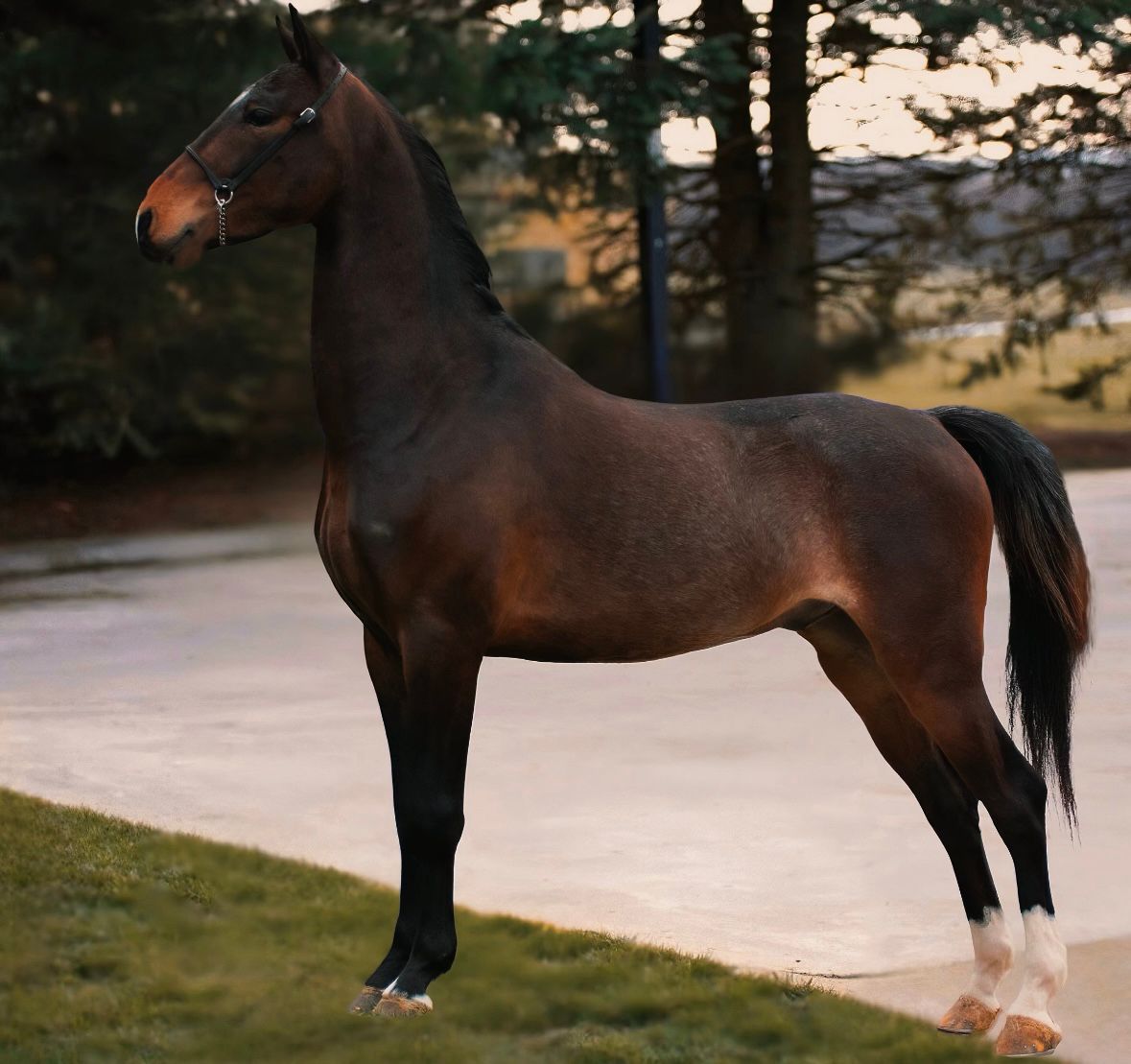 A brown hackney pony standing for a confirmation picture