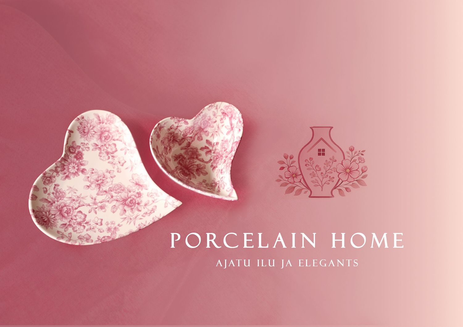 Two heart-shaped porcelain dishes with pink floral pattern on pink background with Porcelain Home logo.