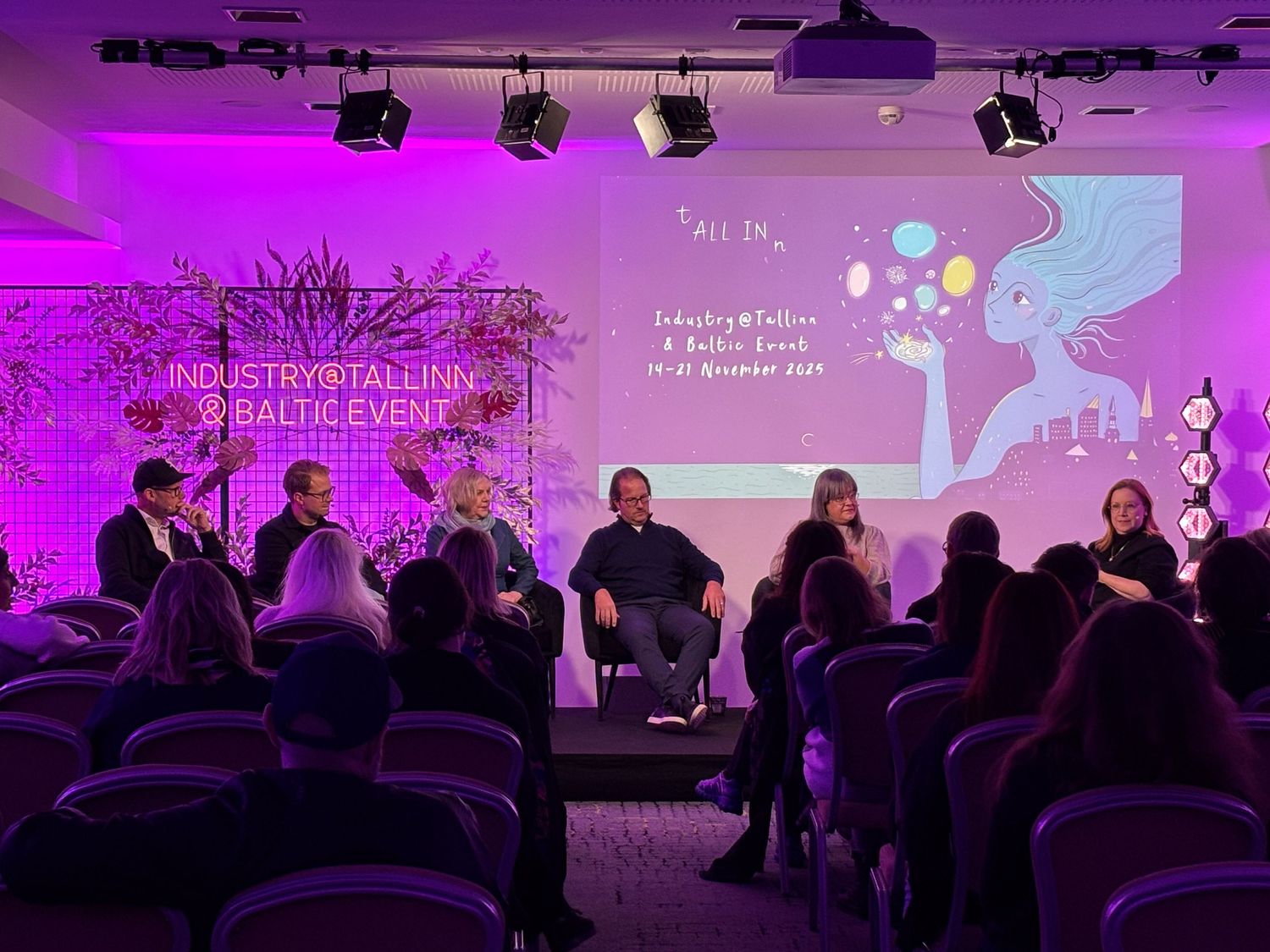 Panel discussion on stage at Industry Tallinn Baltic Event film industry conference.