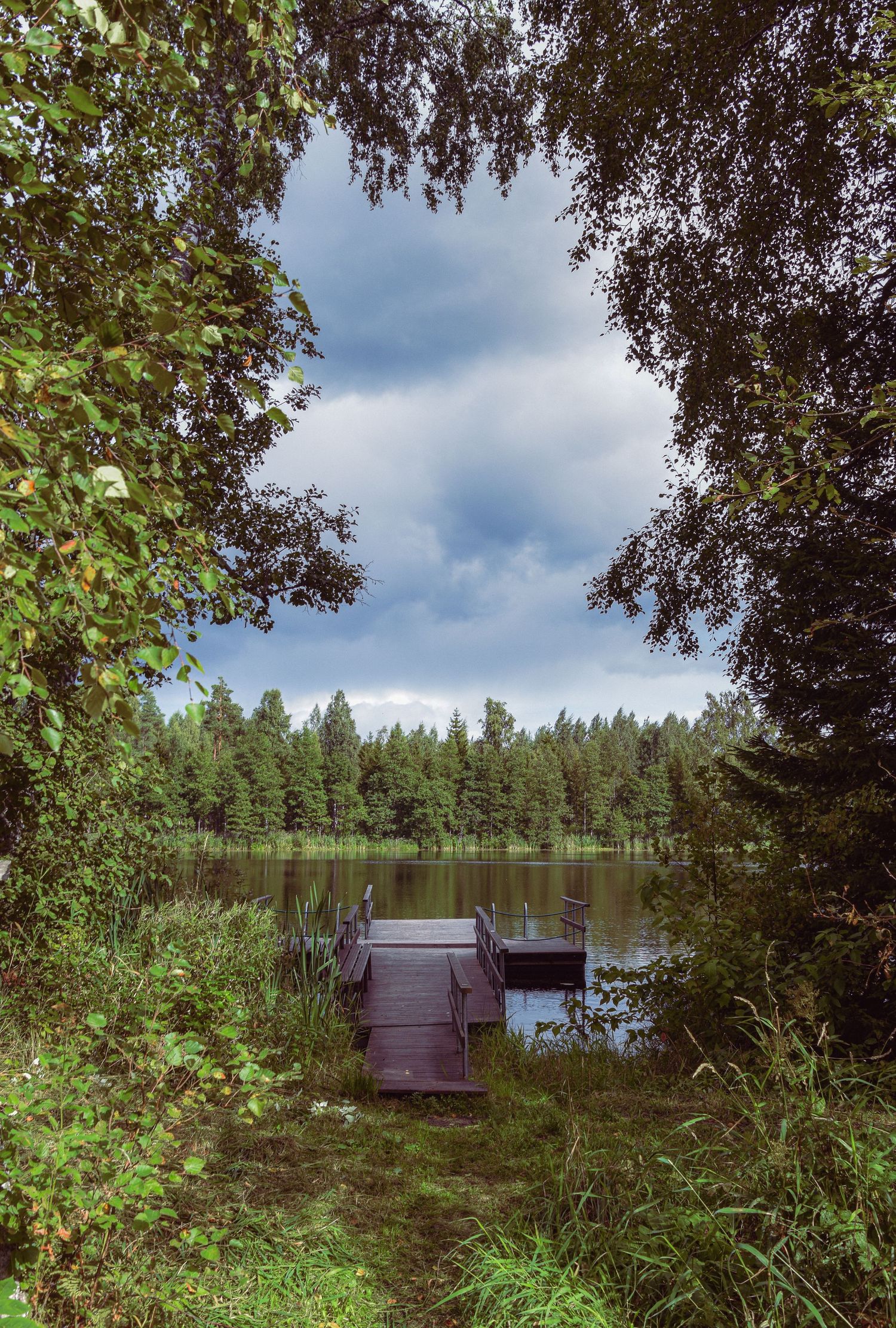 Peaceful forest lake view framed by trees with a wooden dock under cloudy sky.