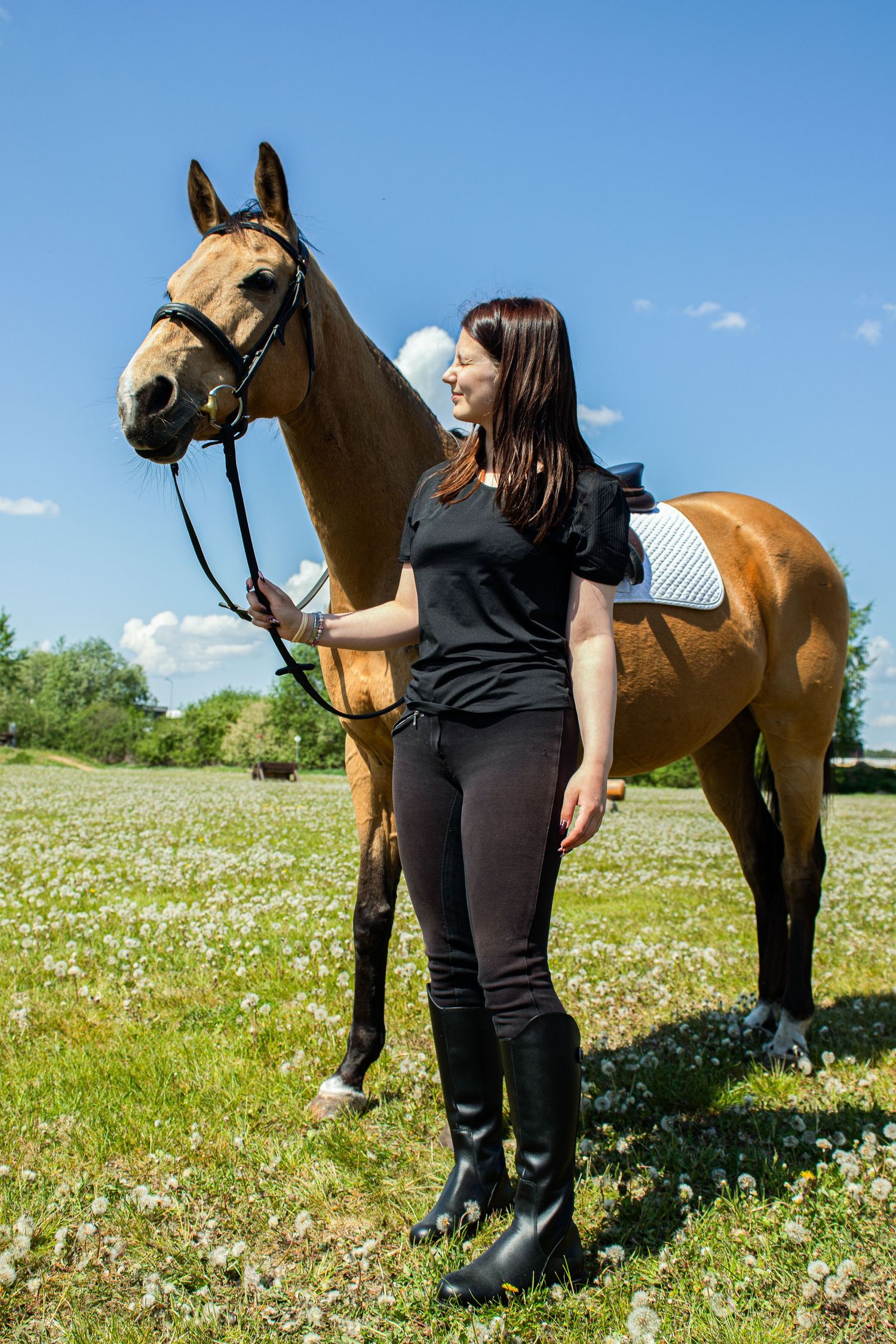 Female equestrian in black outfit standing with a saddled buckskin horse in a flower field.