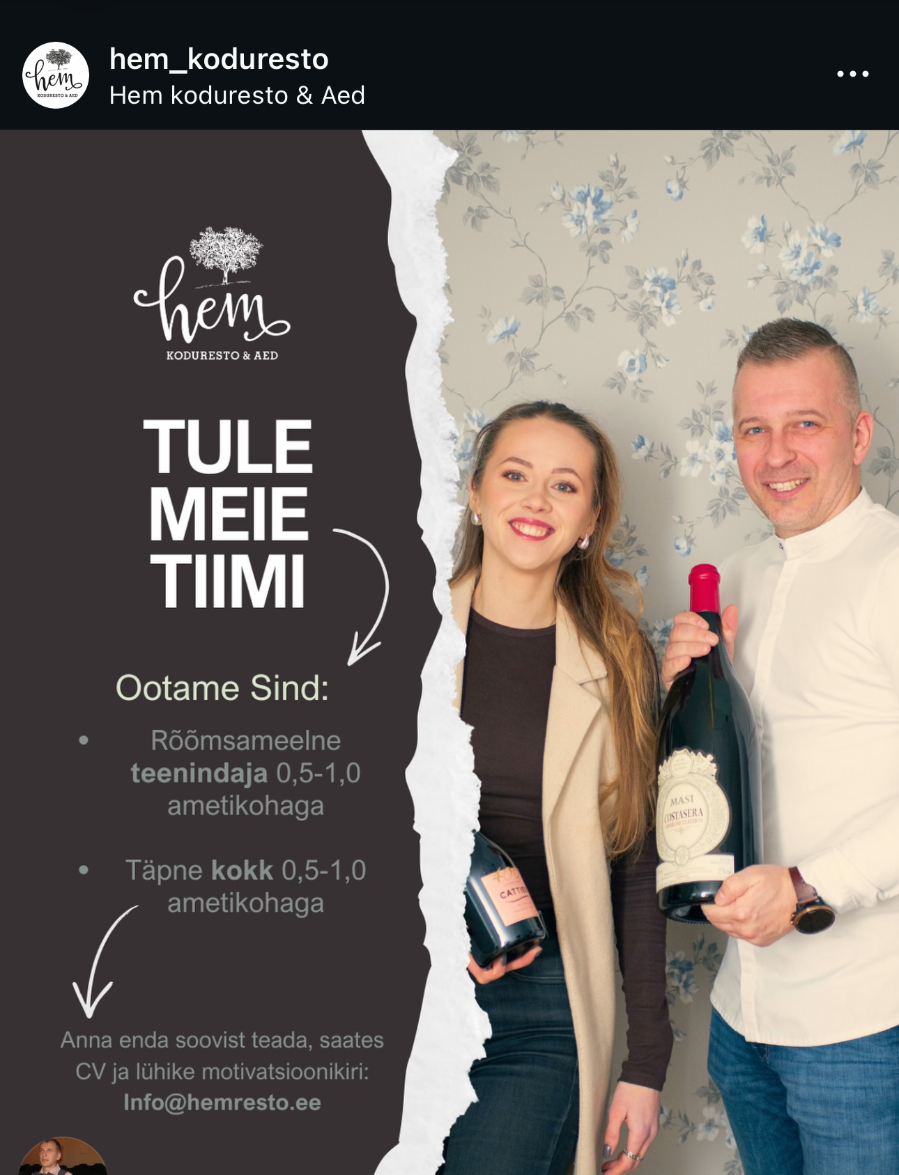 Estonian restaurant Hem Koduresto & Aed job recruitment poster featuring two smiling staff holding wine bottles.