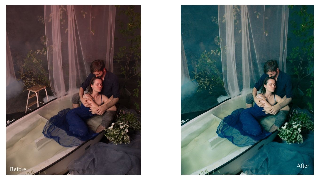 Before and after photo editing comparison of a couple sitting in a bathtub with dreamy teal-toned lighting.