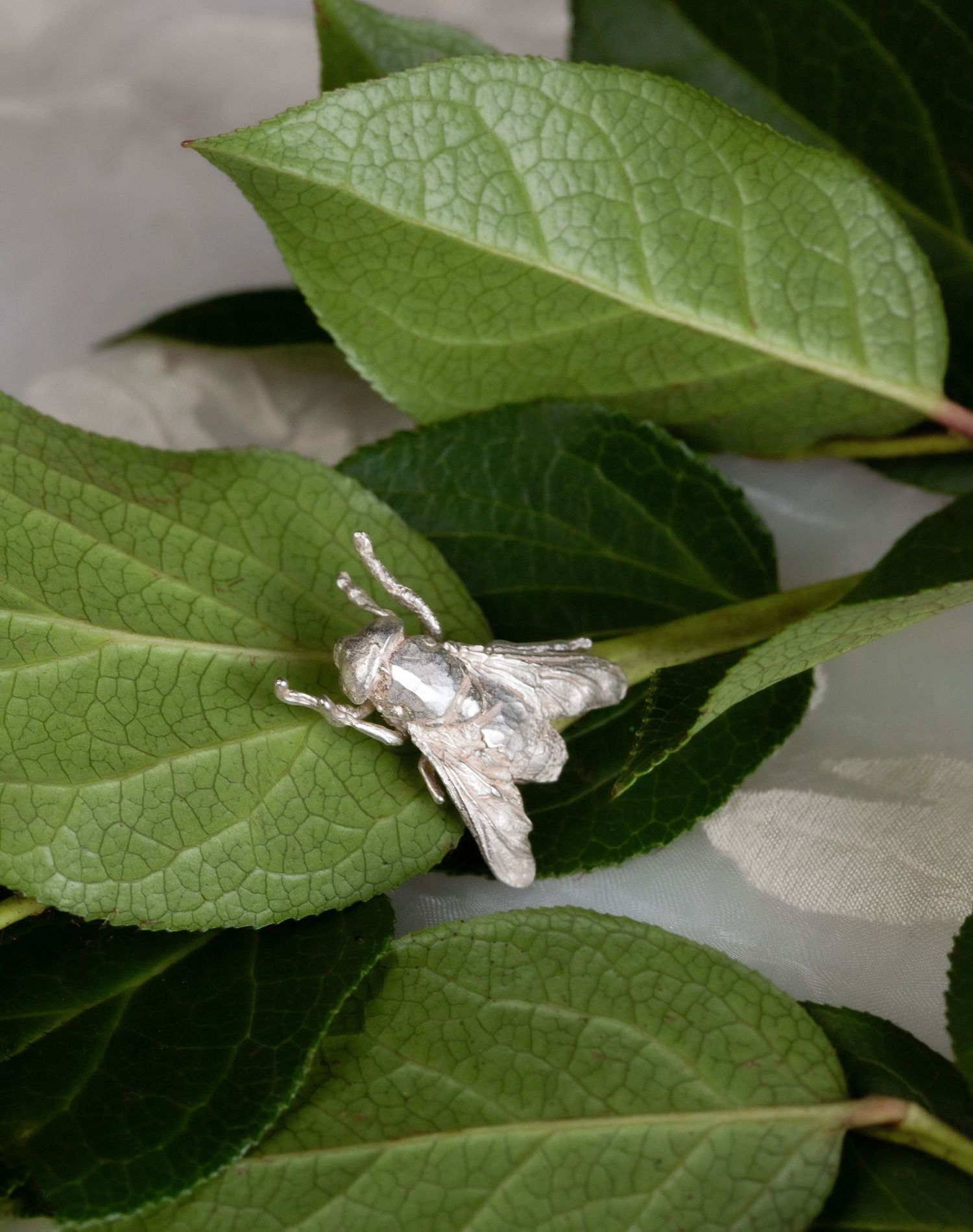 Detailed silver fly insect ring resting on green leaves, showcasing intricate handcrafted metalwork.