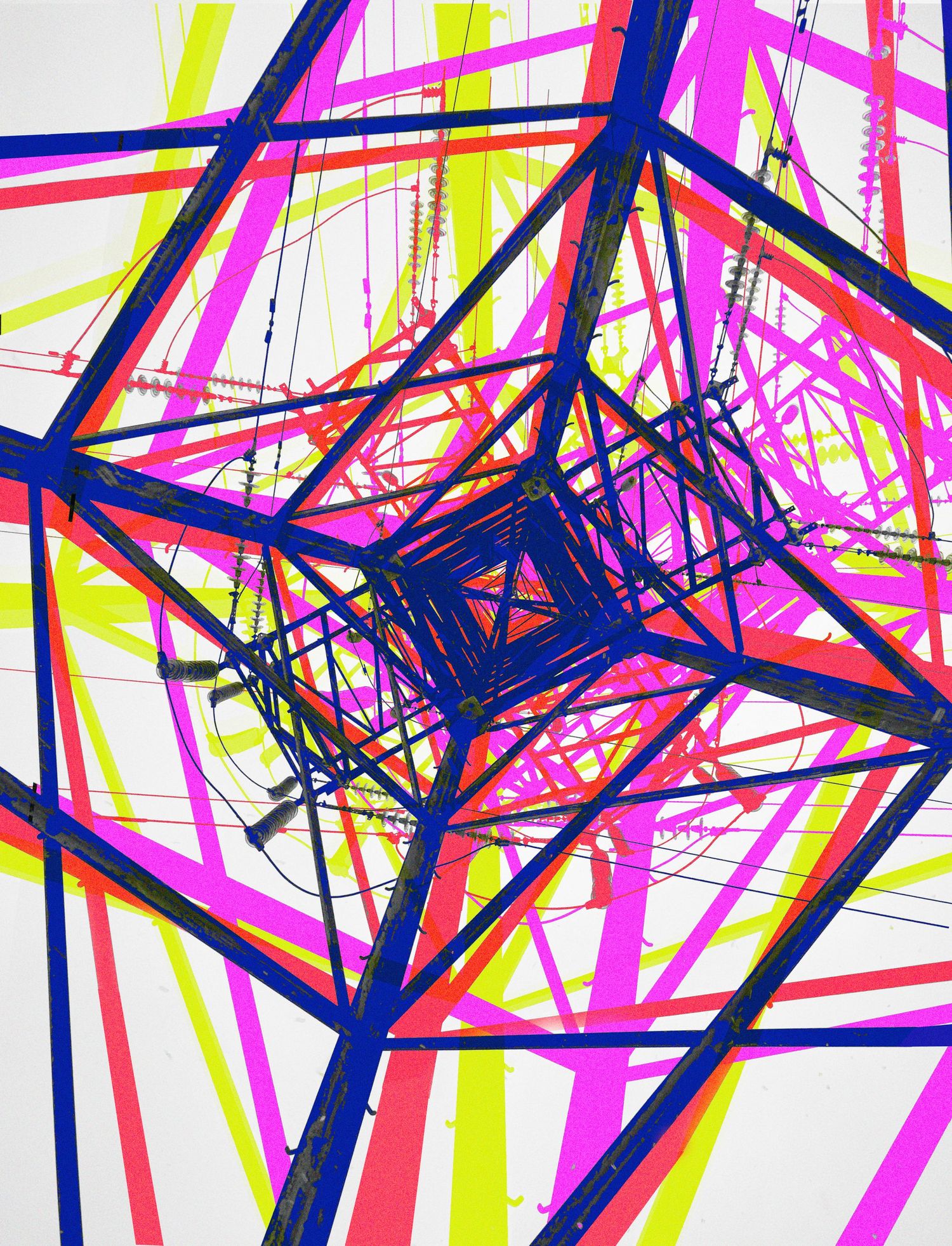 Abstract neon geometric art with pink, yellow, and blue intersecting lines.
